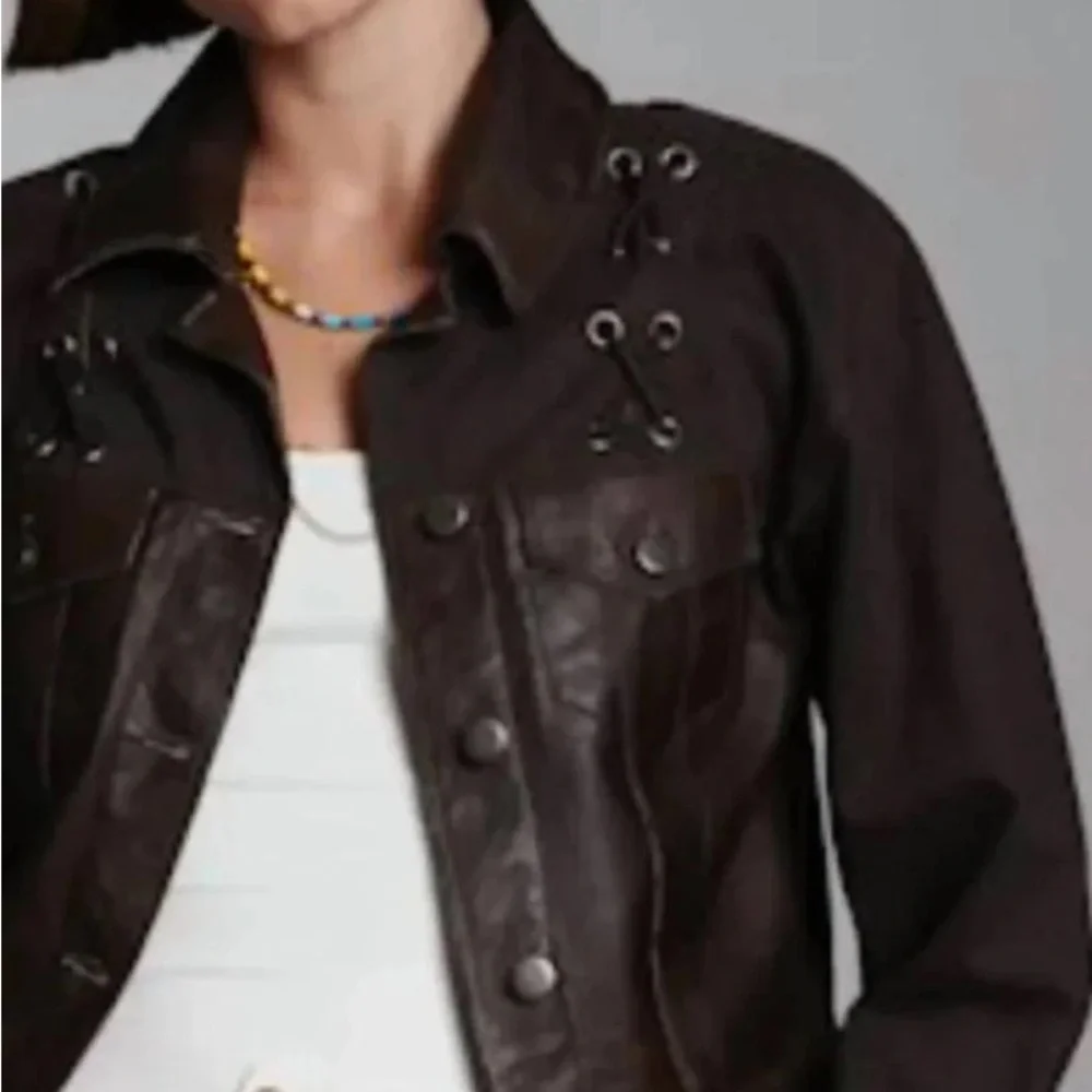 NWT Lucchese Chocolate Leather and Denim Jacket with Lace-Up Detail - Picture 2 of 6